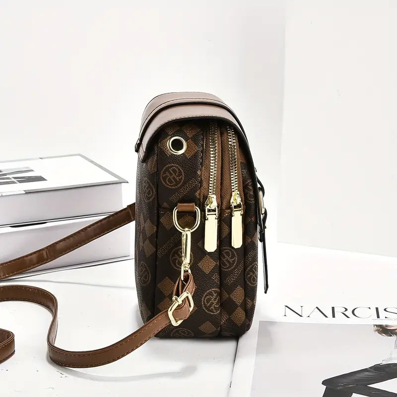 Sac Porté Épaule Femme Marron à Motif Carreaux avec Rabat et Bandoulière – Élégant et Pratique