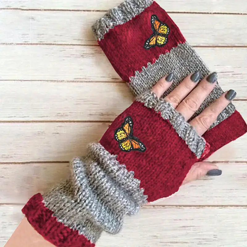 Mitaines femme tricotées rouge et gris – Gants sans doigts avec motif papillon brodé, chauds et élégants