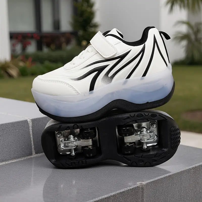 Baskets garçon – Chaussures de sport blanches avec motifs noirs, scratch pratique et semelle légère