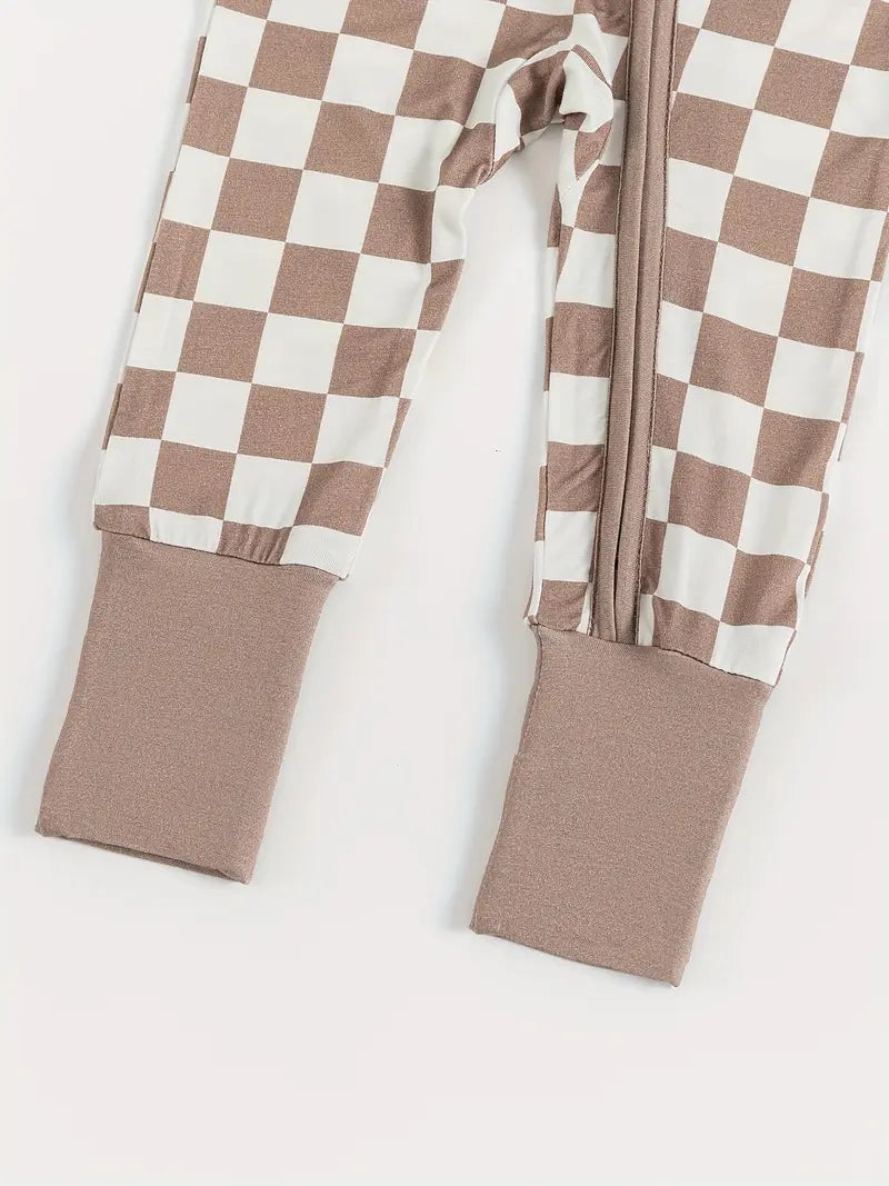 Body Bébé Manche Longue en Coton – Grenouillère à Carreaux Beige et Blanc avec Fermeture Éclair