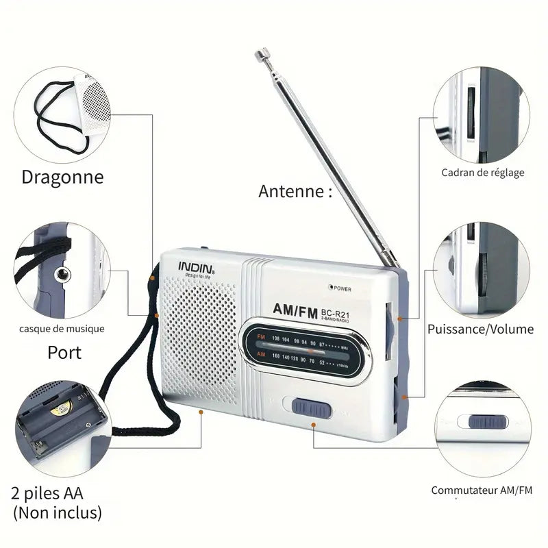 Radio Portable AM/FM à Piles avec Antenne Télescopique – Poste Radio de Poche Compact pour Voyage et Extérieur