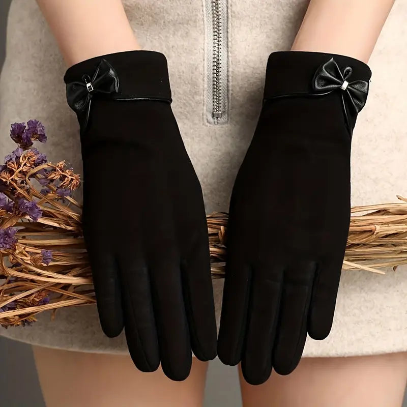 Gants femme élégants en laine chaude avec nœud décoratif – Accessoire chic pour l’hiver