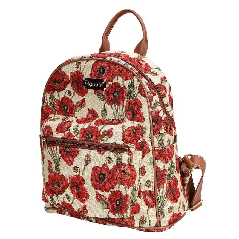 Sac à dos femme motif fleuri vintage – Tissu brodé avec coquelicots rouges et détails en cuir