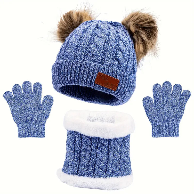 Ensemble Hiver Enfant – Bonnet Pompons Fourrure, Écharpe Tube et Gants Chauds