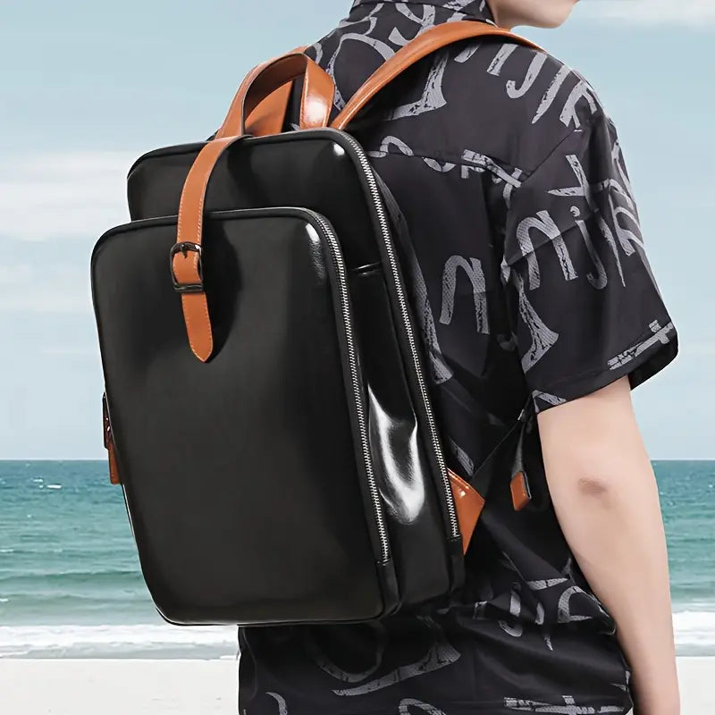 Sac à dos homme en cuir noir élégant – Design professionnel avec bretelles contrastées marron