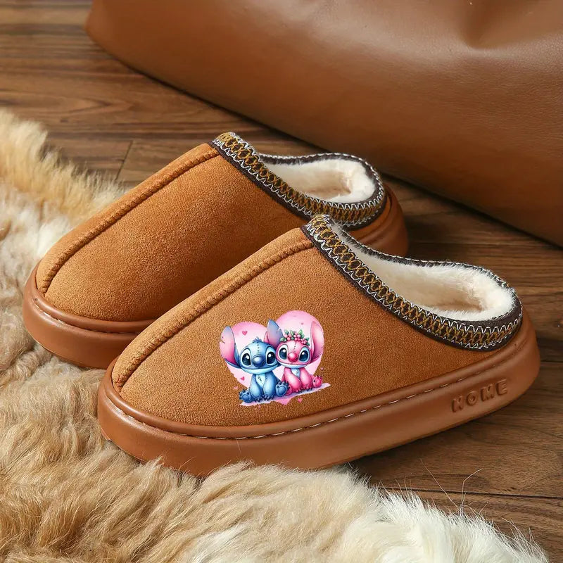 Mules fille d’hiver noires fourrées – Sabots chauds avec motif dessin animé mignon