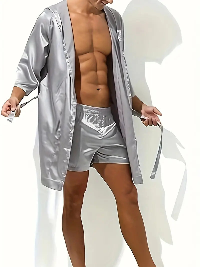 Peignoir sexy homme en satin – Kimono court brillant avec ceinture, Élégance & séduction