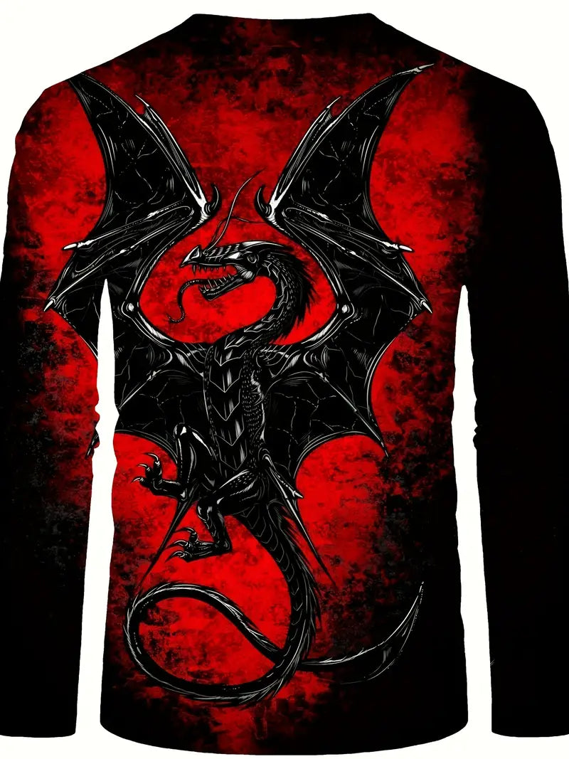 T-shirt fantaisie homme à lacets – Haut noir et rouge motif dragon gothique médiéval