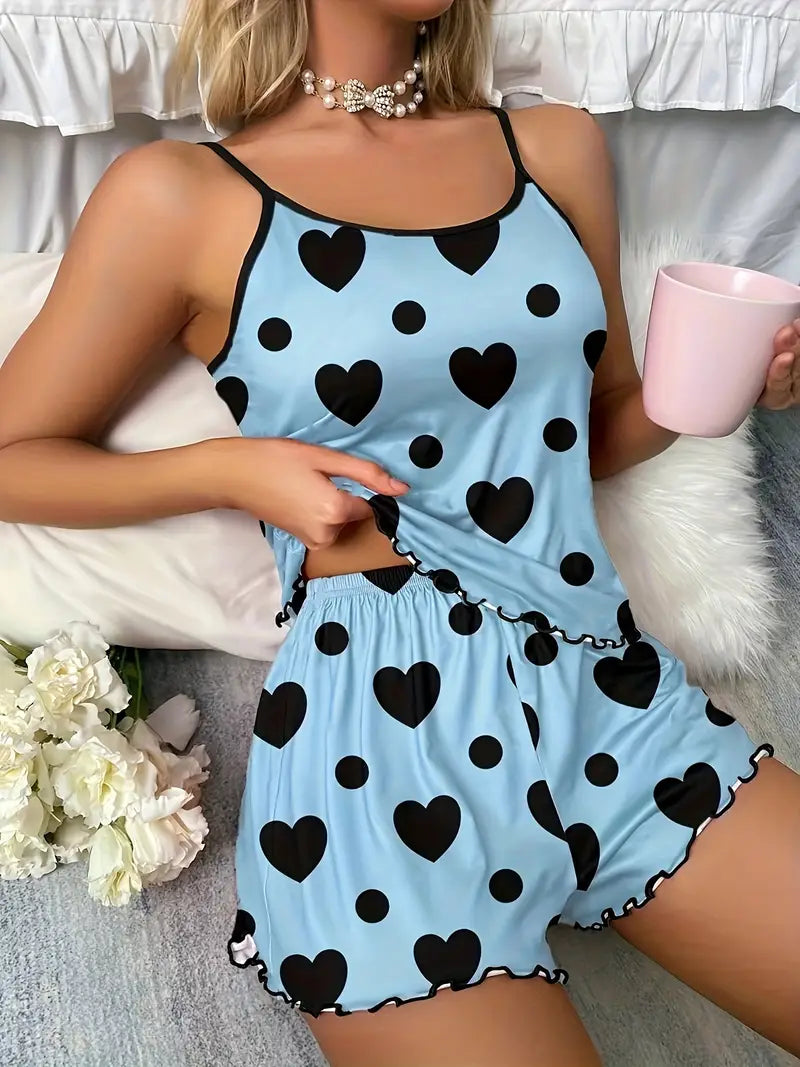 Pyjama Femme Deux Pièces à Bretelles – Sous-vêtements et Pyjamas Confortables avec Motif Cœur