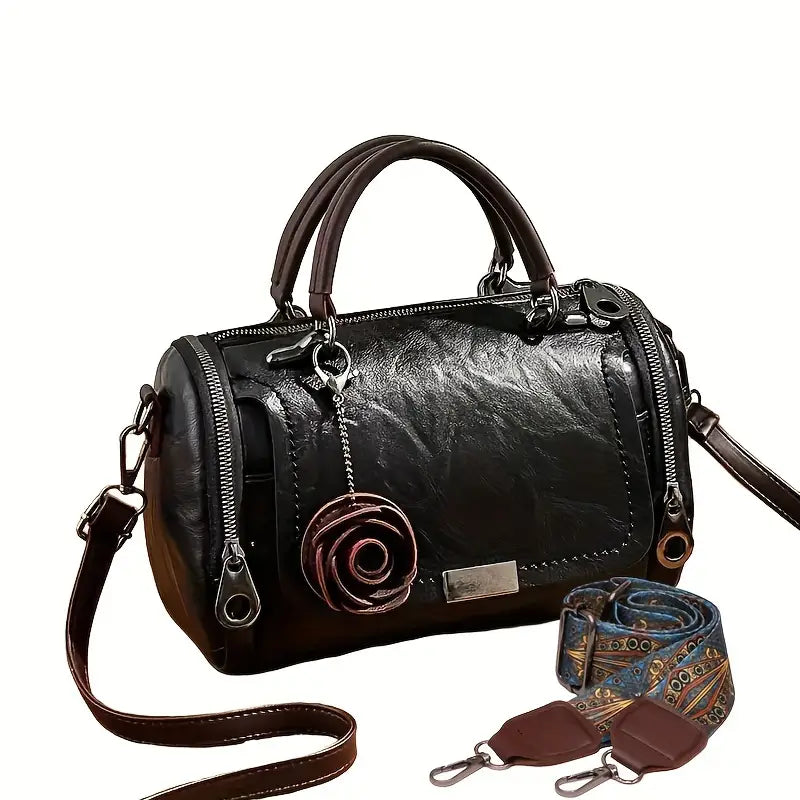 Sac Besace Femme Élégant Marron  Sac à Main en Simili Cuir avec Fleur Décorative et Bandoulière Amovible