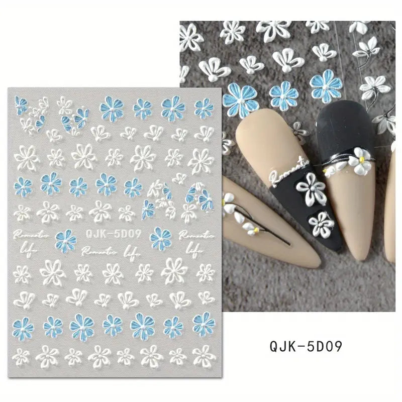 Stickers Nail Art Fleurs 3D – Décorations Ongles Autocollantes pour Manucure Florale Élégante