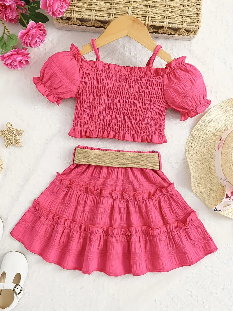 Ensemble fille été 2 pièces – Haut court à manches bouffantes et jupe volantée