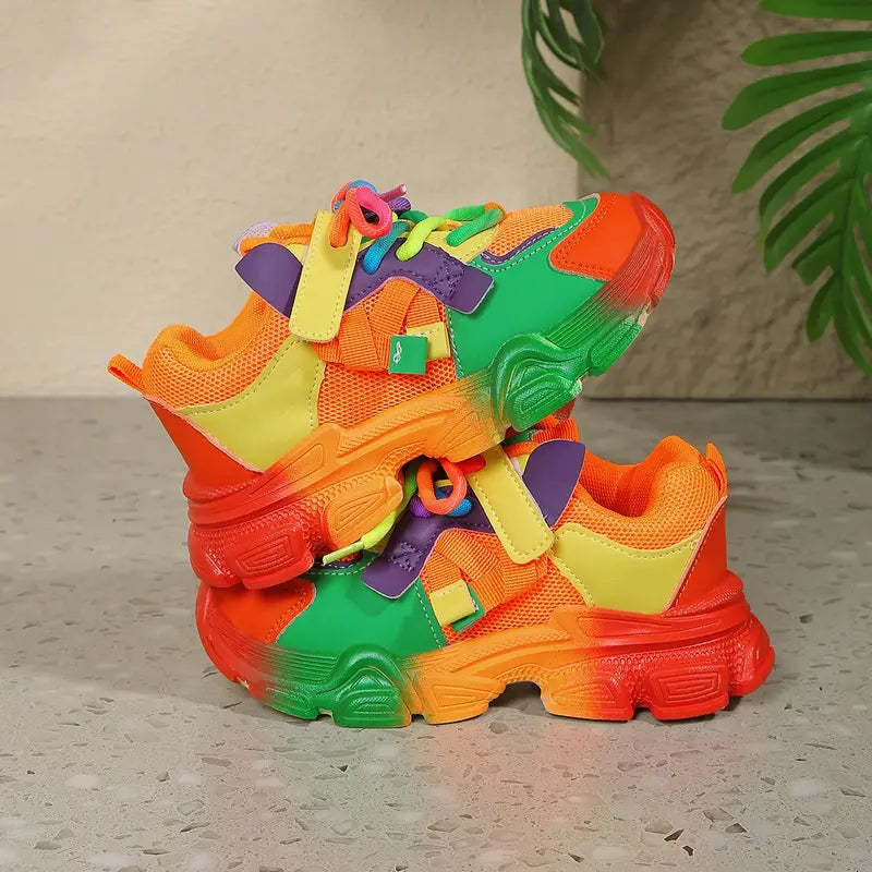 Chaussures de sport fille – Baskets multicolores arc-en-ciel tendance avec semelle épaisse antidérapante