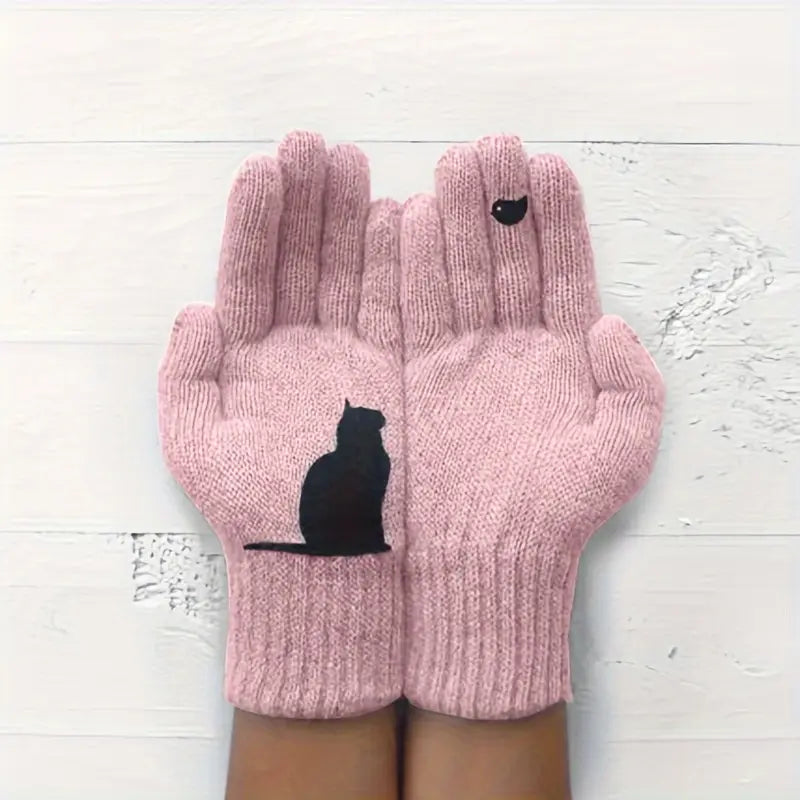 Gants femme en laine beige – Gants tricotés hiver avec motif chat noir, chauds et confortables