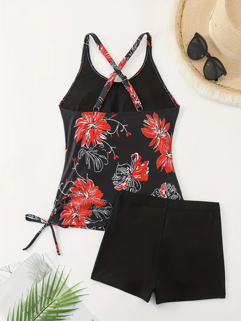 Tankini shorty noir à fleurs – Ensemble deux pièces sport chic