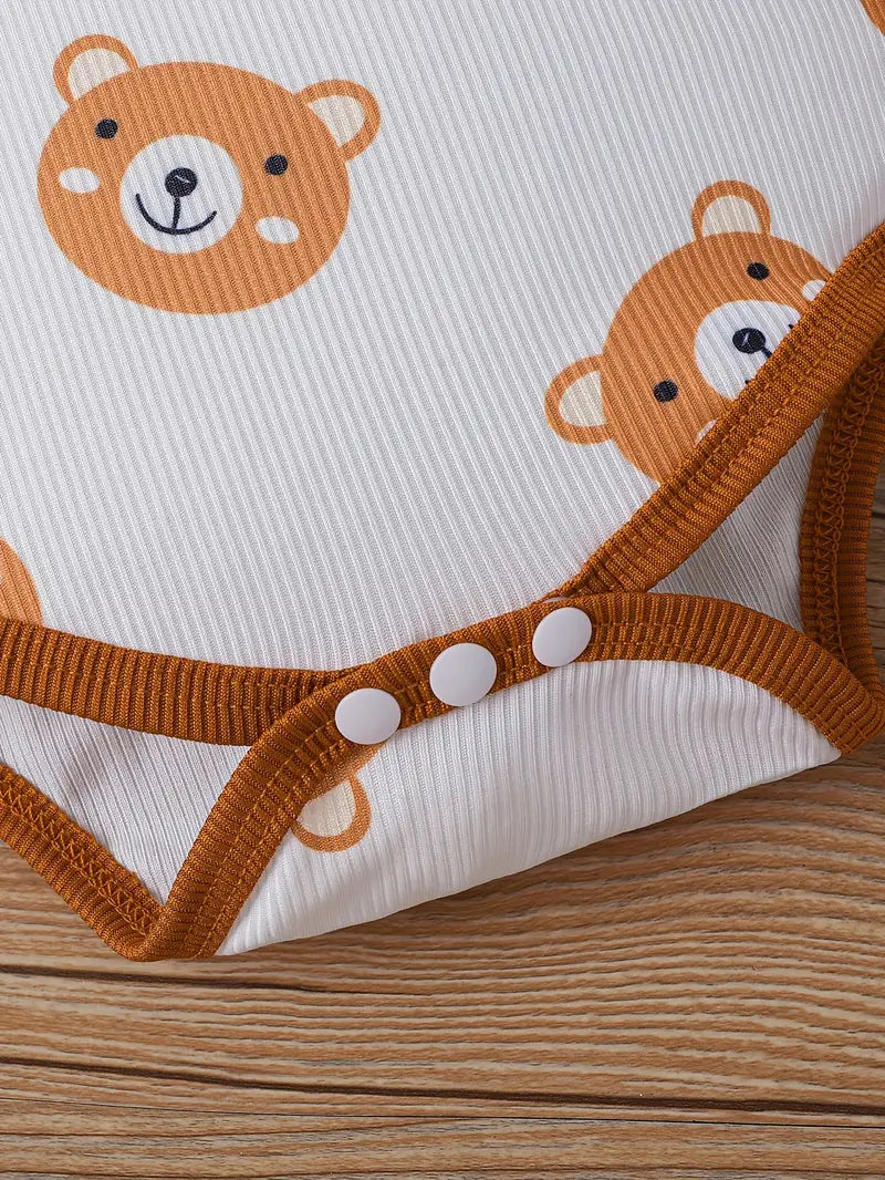 Ensemble Bébé 3 Pièces Motif Ours – Body, Pantalon et Bonnet Coton Confortable
