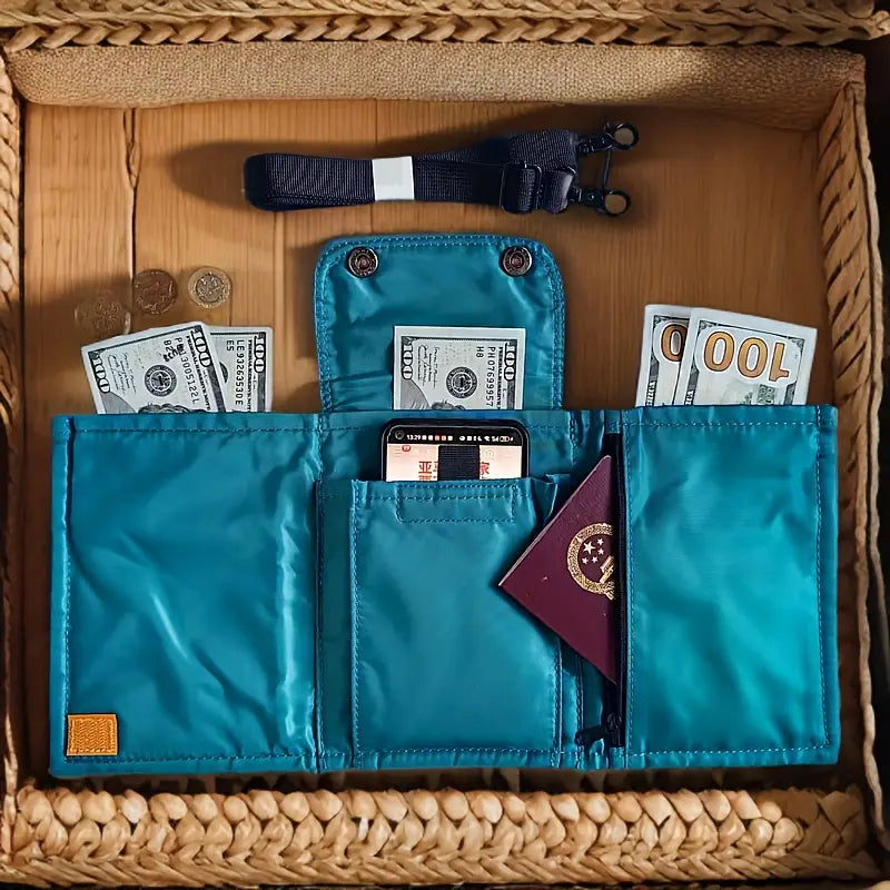 Pochette de voyage imperméable bleu turquoise Protège-passeport avec cordon amovible et fermeture à pression