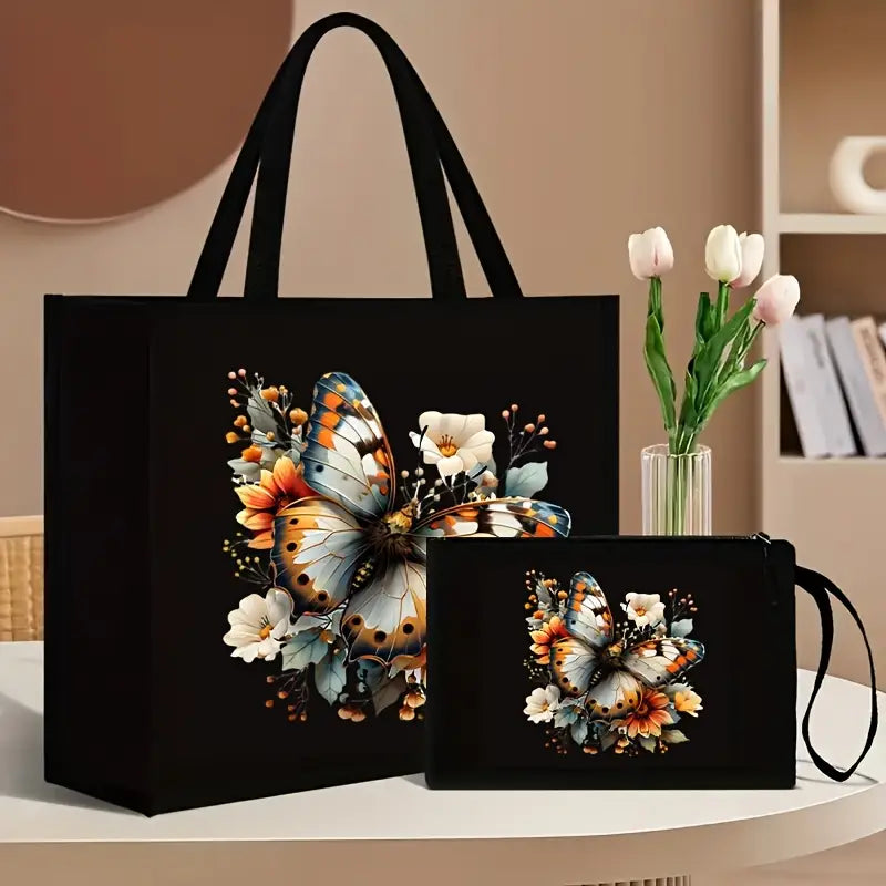 Lot de sacs à main femme  Cabas et pochette motif papillons et fleurs élégantes