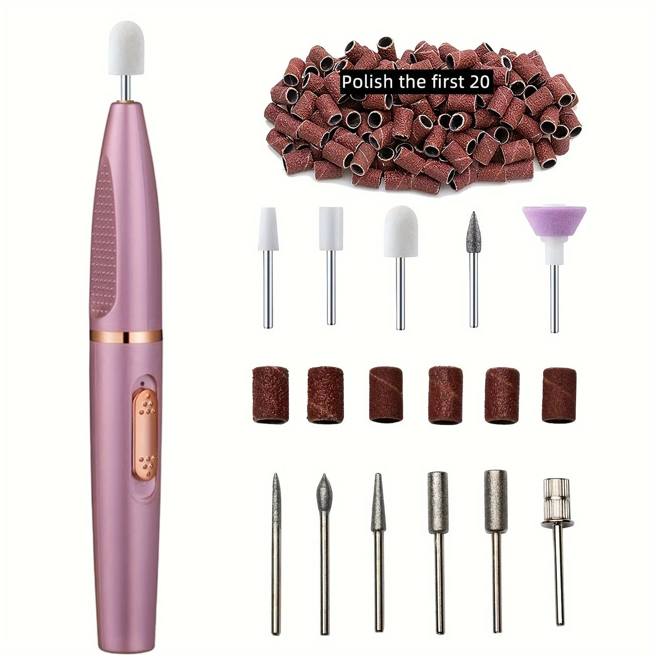 Kit de Ponceuse Électrique Ongles – Lime Manucure & Pédicure avec 6 Embouts + 20 Bandes de Ponçage