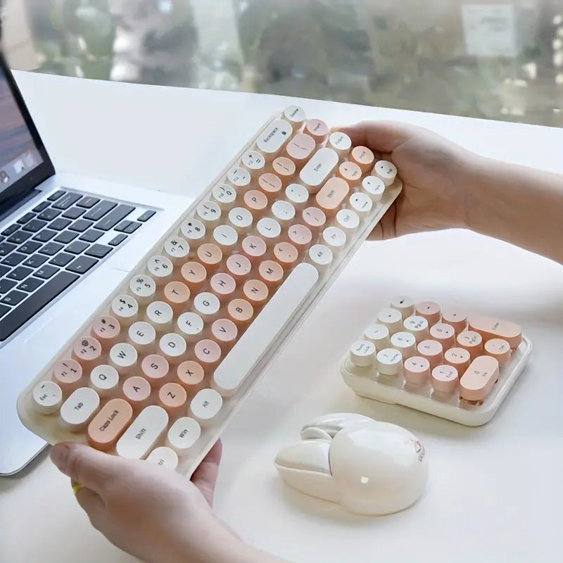 Clavier Rétro Rose avec Pavé Numérique + Souris Sans Fil Design Lapin – Kit Kawaii pour Bureau et Gaming