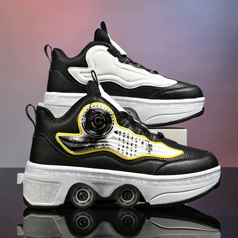 Chaussures de sport fille – Baskets à roulettes noires et blanches tendance avec semelle épaisse