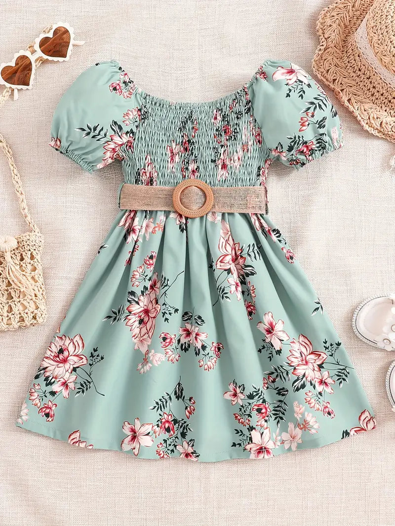 Robe fille été à fleurs vert menthe – Manches bouffantes et ceinture tressée
