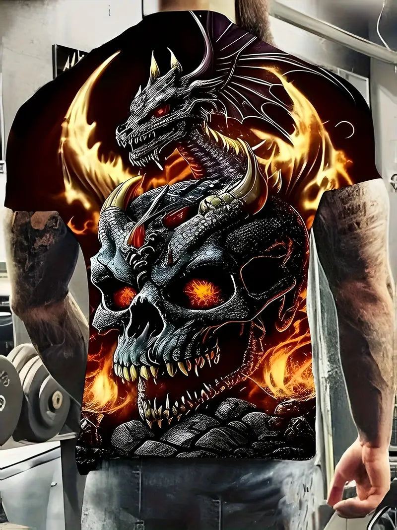 T-shirt fantaisie homme noir – Haut gothique dragon enflammé et crâne 3D réaliste