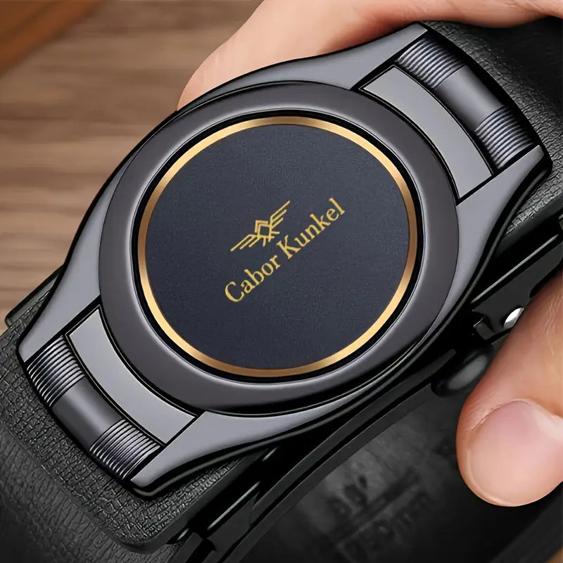 Ceinture homme en cuir avec boucle automatique ronde noire et bleue – Élégance moderne et confort