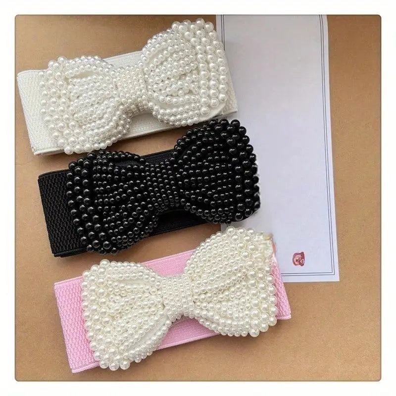 Ceinture Femme Élastique avec Nœud en Perles – Accessoire Chic et Élégant pour Robe et Manteau