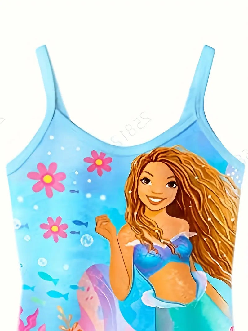 Maillot de bain fille une pièce motif sirène princesse – Bleu océan avec bretelles fines