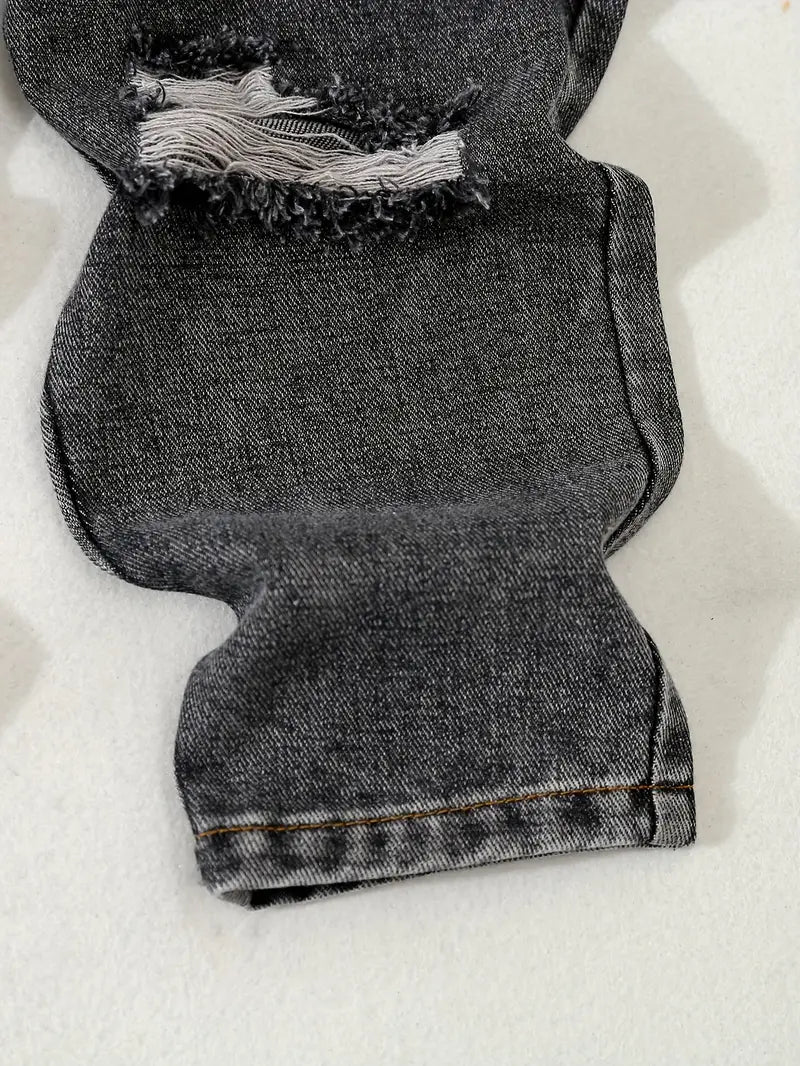 Ensemble Garçon Jean Noir – Veste en Denim + Pantalon Déchiré Style Décontracté