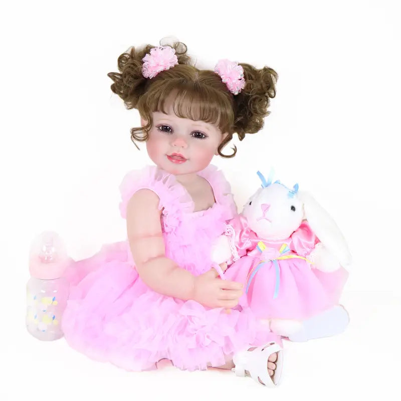 Grande poupée réaliste fille en robe rose avec doudou lapin et biberon – Jouet interactif pour enfants