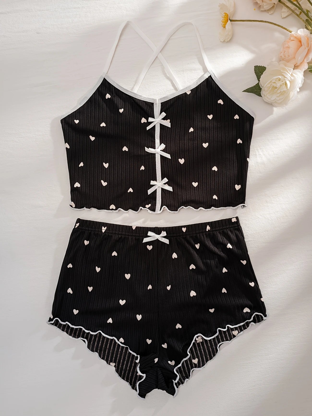 Pyjama Femme Été Côtelé Rose – Ensemble 2 Pièces Débardeur & Short à Cœurs