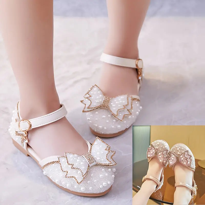 Ballerines fille blanches avec perles et grand nœud – Chaussures élégantes pour mariage, fête et cérémonie