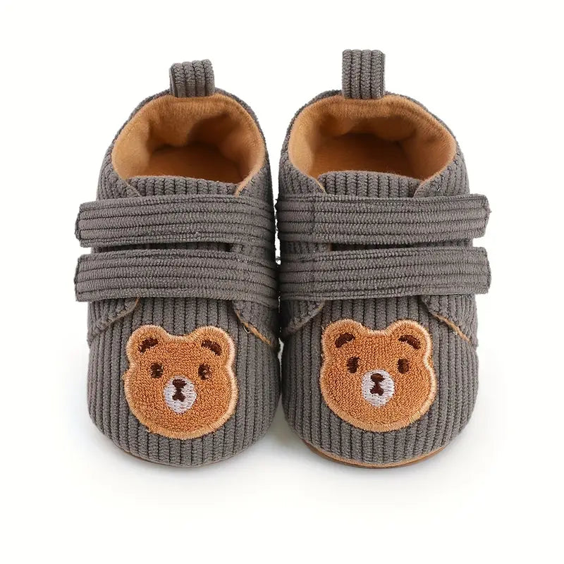 Chaussures bébé garçon en velours côtelé – Chaussons antidérapants avec motif ourson mignon