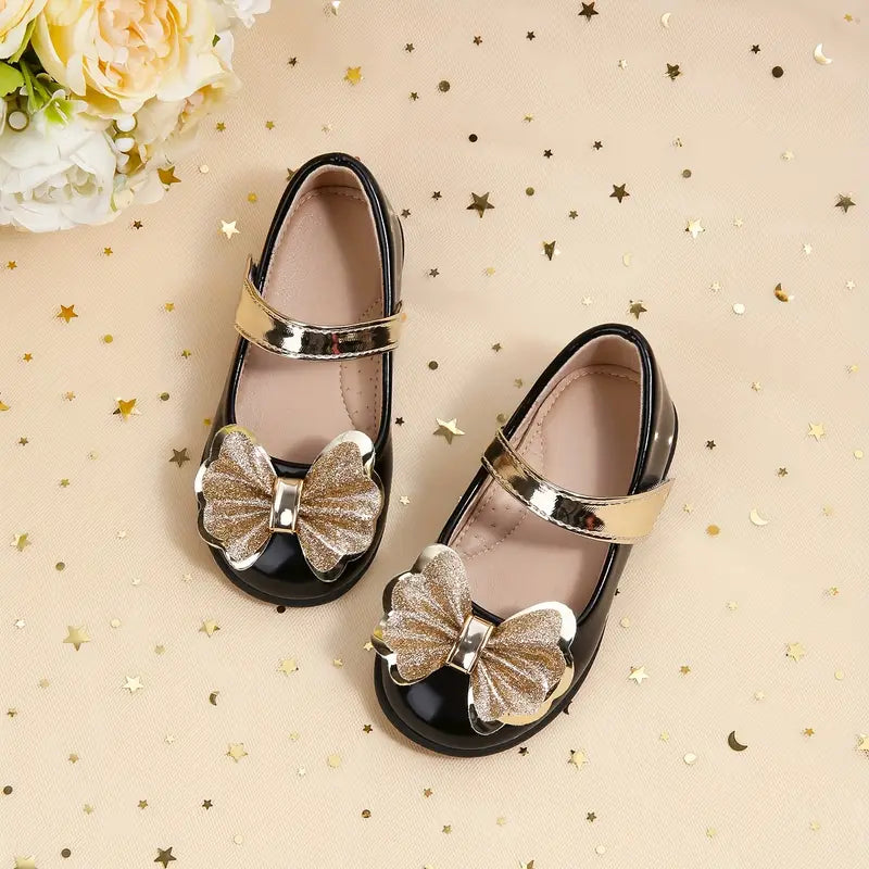 Chaussures fille élégantes sans lacets – Mocassins dorés avec nœud papillon pour cérémonie et fête