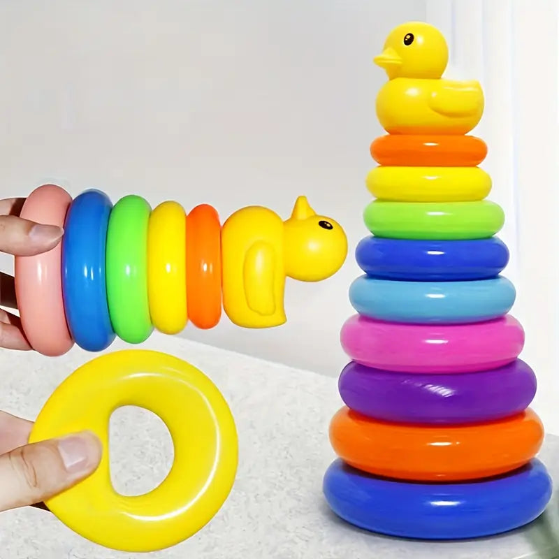 Jouet d’Éveil Empilable Bébé – Anneaux Colorés en Plastique avec Canard