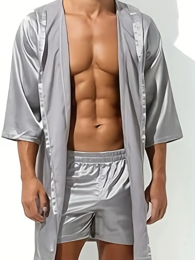 Peignoir sexy homme en satin – Kimono court brillant avec ceinture, Élégance & séduction