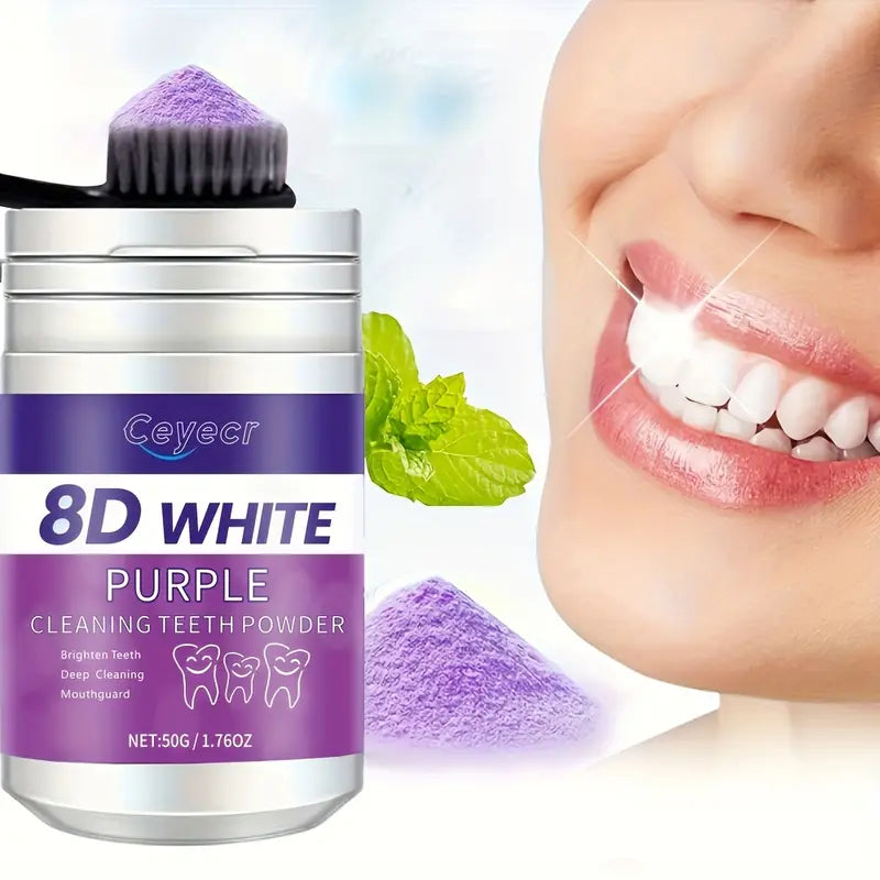 Poudre Dentaire Blanchissante 8D White – Poudre Nettoyante Violette pour Dents Blanches, Haleine Fraîche & Nettoyage Profond (50g)