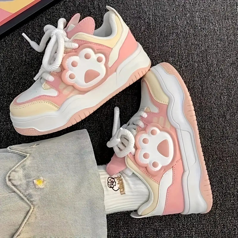 Chaussures de sport fille – Baskets blanches avec motif patte de chat kawaii confortables et tendance