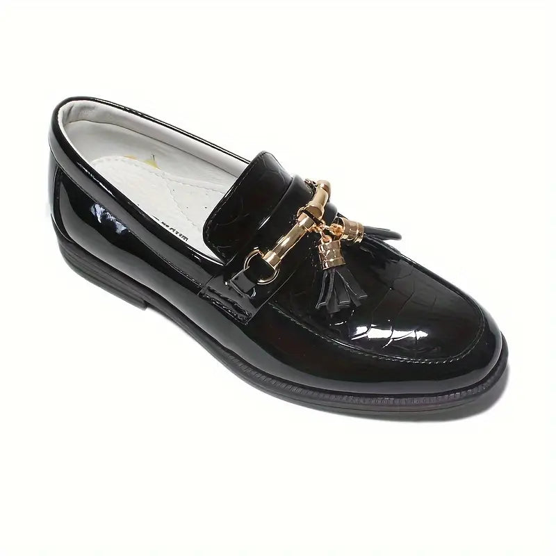 Mocassins garçon noirs vernis avec pampilles – Chaussures élégantes sans lacets pour occasions spéciales