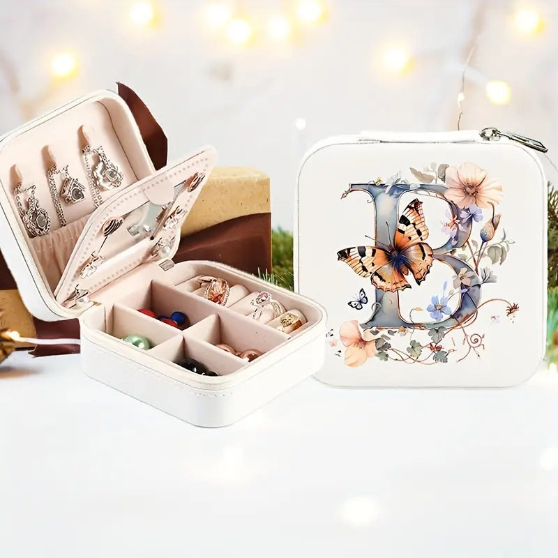 Boîte à bijoux de voyage personnalisée avec initiale florale – Étui compact pour bagues, colliers et boucles d’oreilles