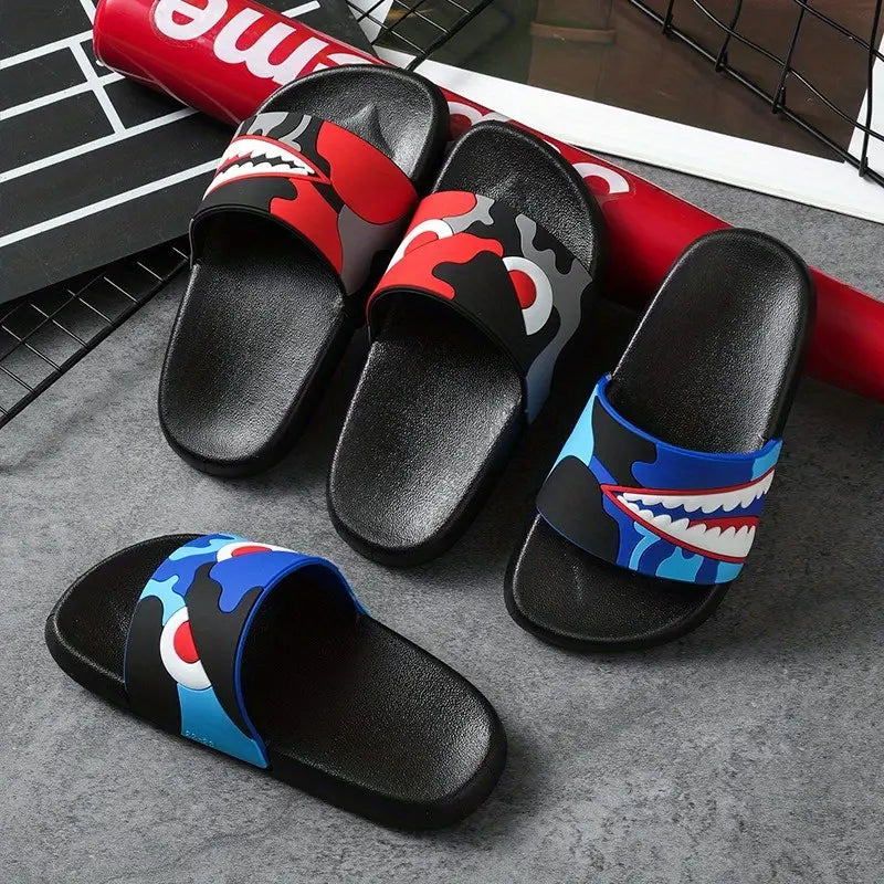 Sandales garçon noires motif requin et camouflage bleu – Pantoufles d’été légères et antidérapantes