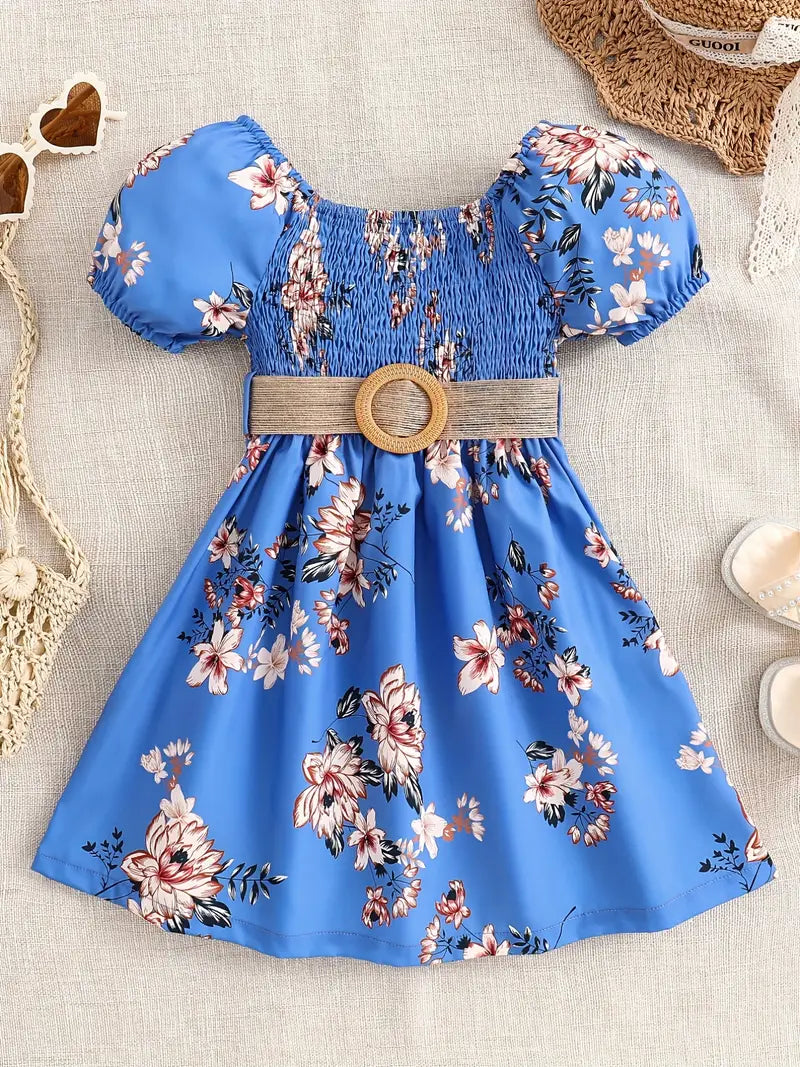 Robe fille été à fleurs vert menthe – Manches bouffantes et ceinture tressée
