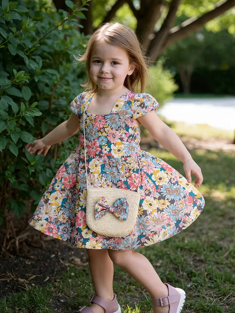 Robe Bébé Fille Fleurie avec Sac Assorti – Tenue Été Chic et Adorable