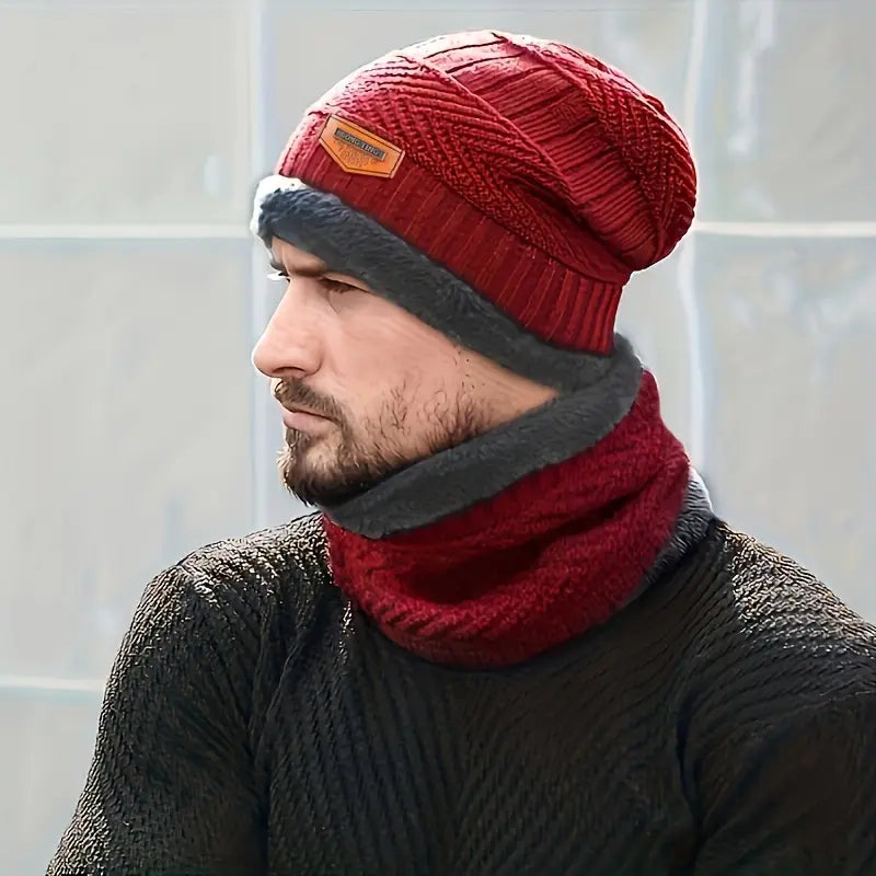Ensemble bonnet et écharpe tube homme – Tricot chaud doublé polaire pour hiver