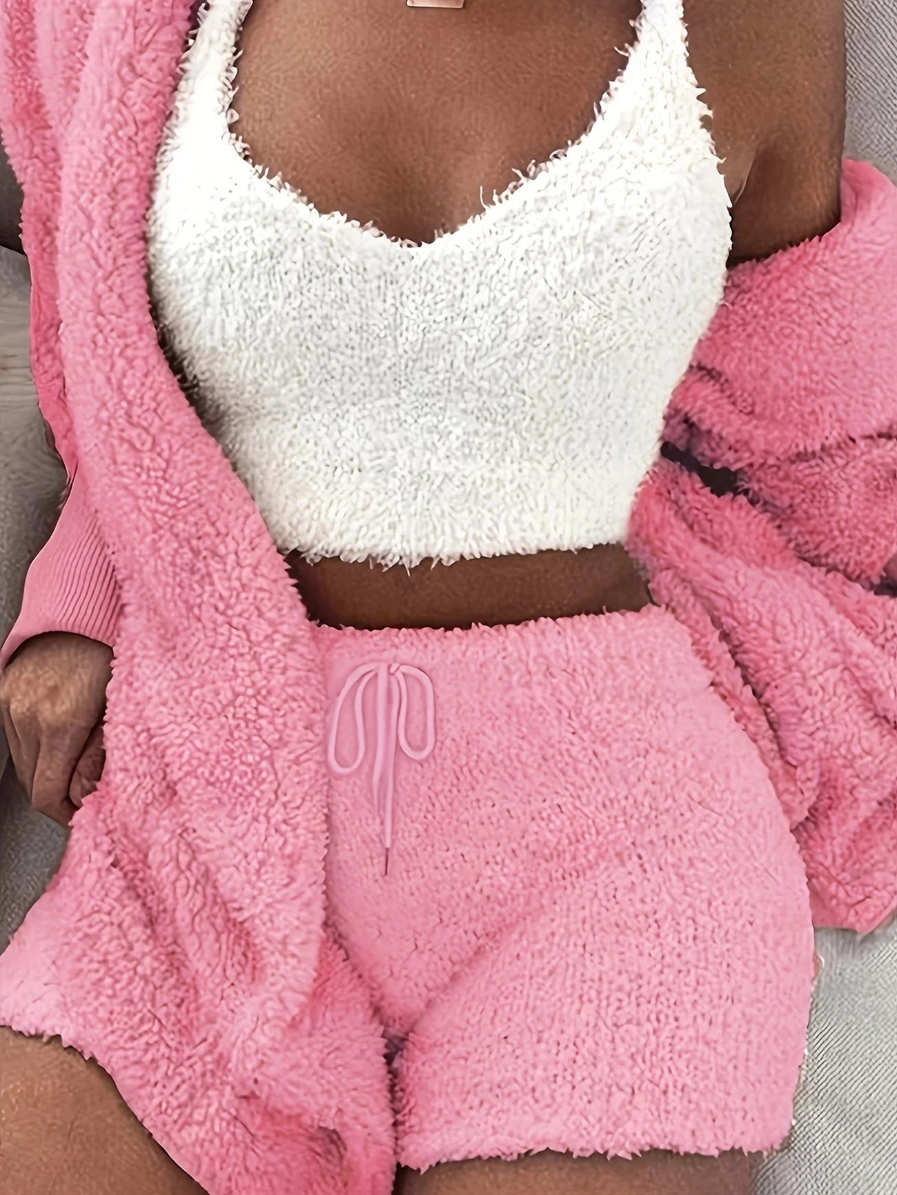 Pyjama Femme 3 Pièces Doudou Ultra Doux – Gilet, Débardeur & Short Cocooning pour Hiver