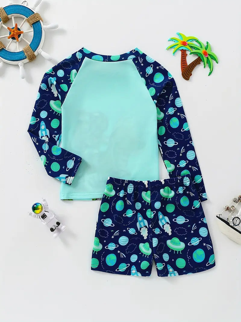 Maillot de bain garçon deux pièces anti-UV à manches longues motif espace fusée et planètes – Protection solaire plage et piscine