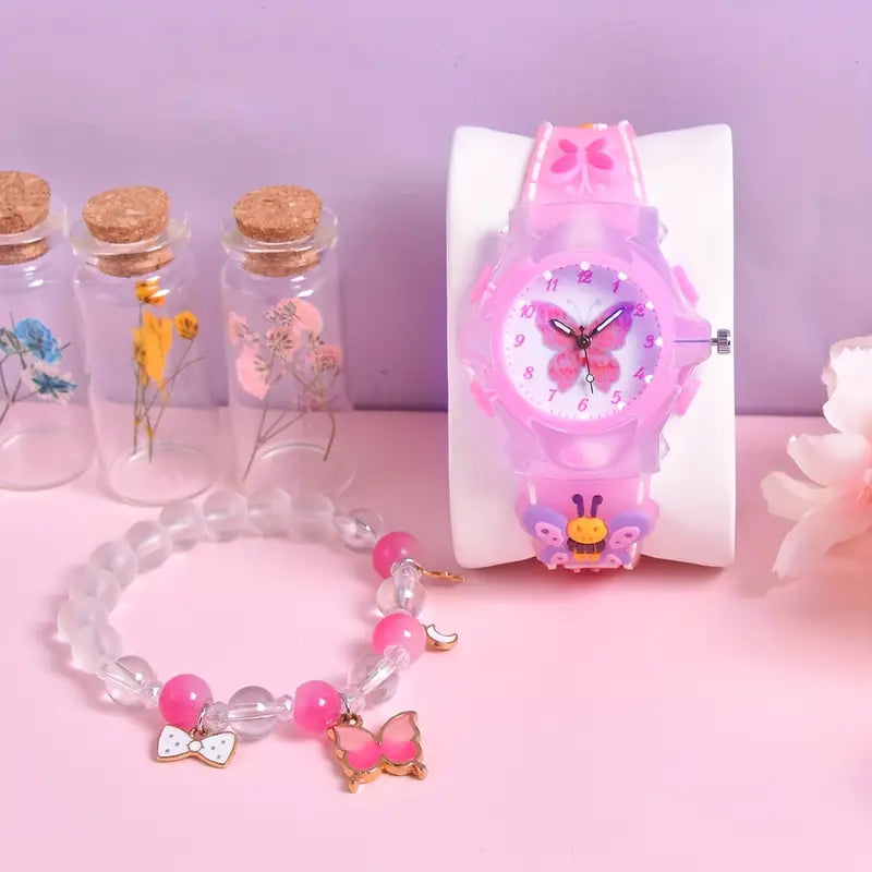 Montre Enfant Fille Rose Papillon – Bracelet Fantaisie avec Breloques, Apprentissage de l’Heure