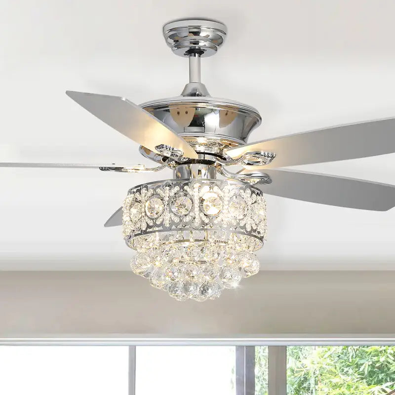 Ventilateur de plafond avec lustre cristal – 5 pales réversibles et éclairage LED élégant